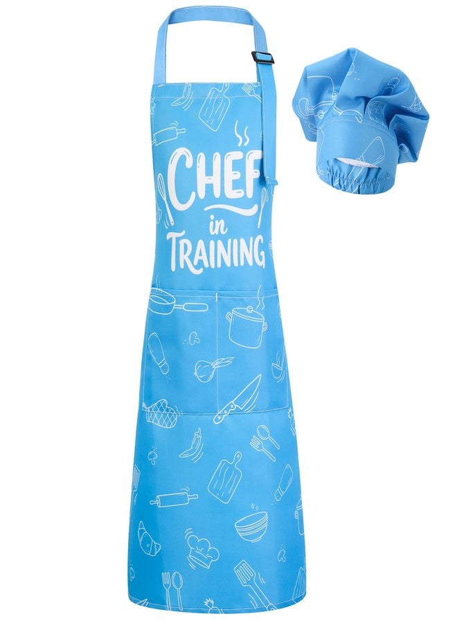 XLSXEXCL Kids Apron and Chef Hat Set, “CHEF in training” Apron Adjustable Child Aprons Chef in Training Funny Aprons with 2 Pockets for Boys and Girls (Blue) - Image 1